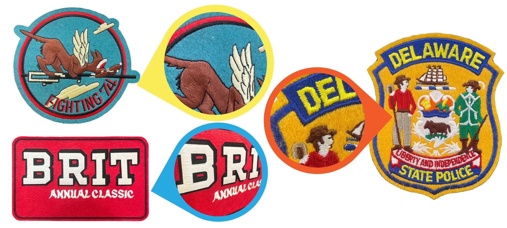 Personaliseer borduurpatches met gedetailleerde logo's en levendige draadkleuren.