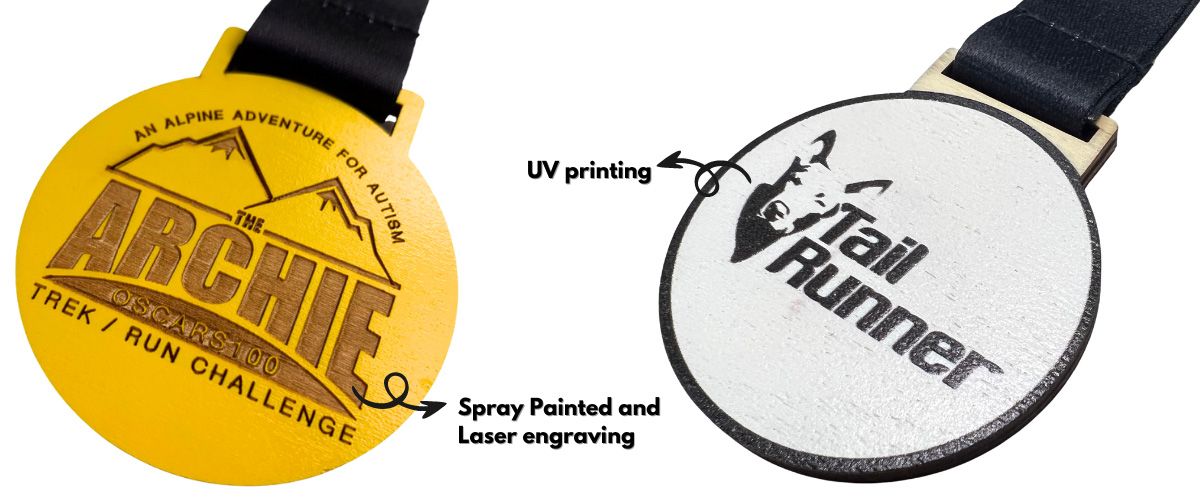 Personalised wooden medals.