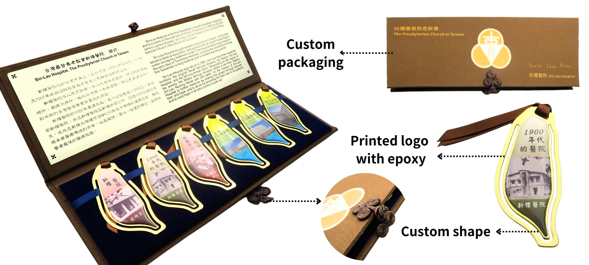 Custom metal bookmark with packaging.