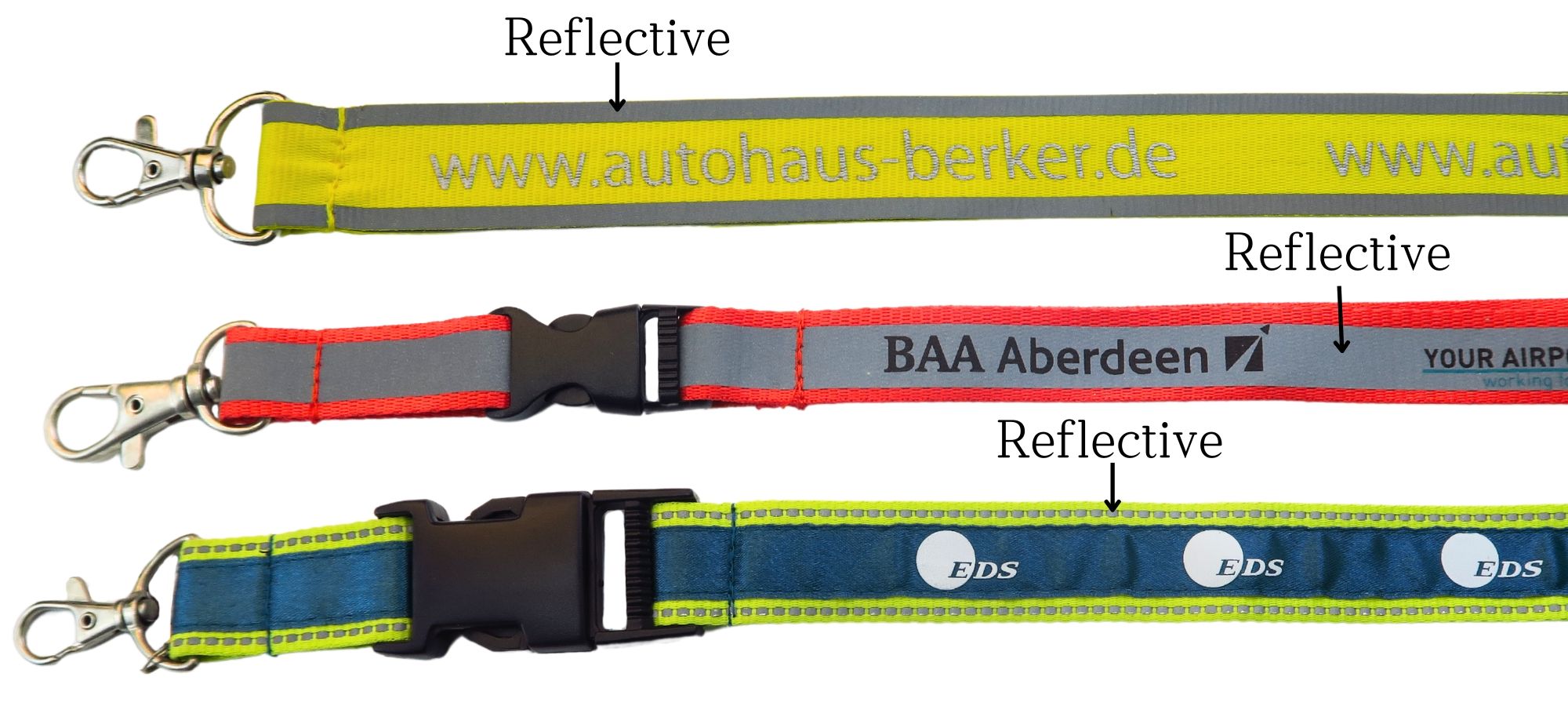 Deze lanyards zijn aanpasbaar, met opties voor logo-plaatsing en reflecterende stijl.