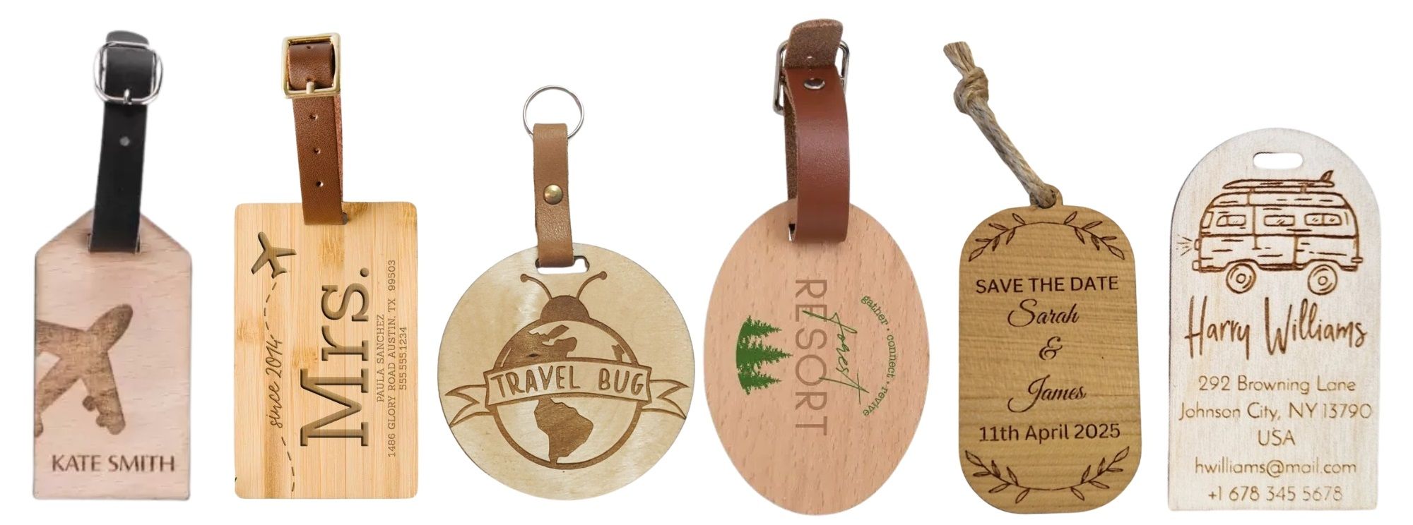Custom wooden luggage name tags stand out at the airport.