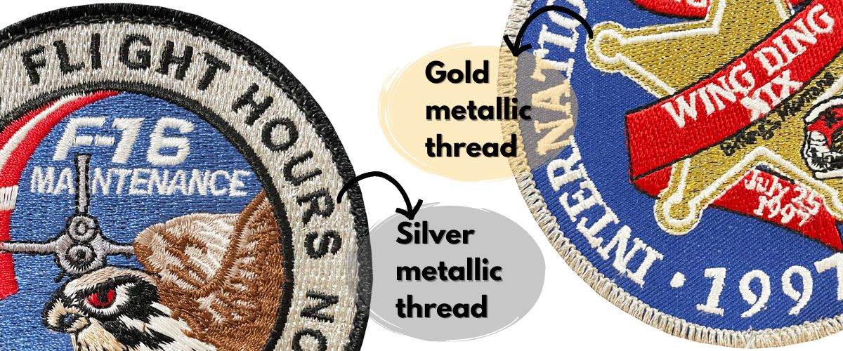 Gold metallic embroidery patch and silver metallic embroidery patch.