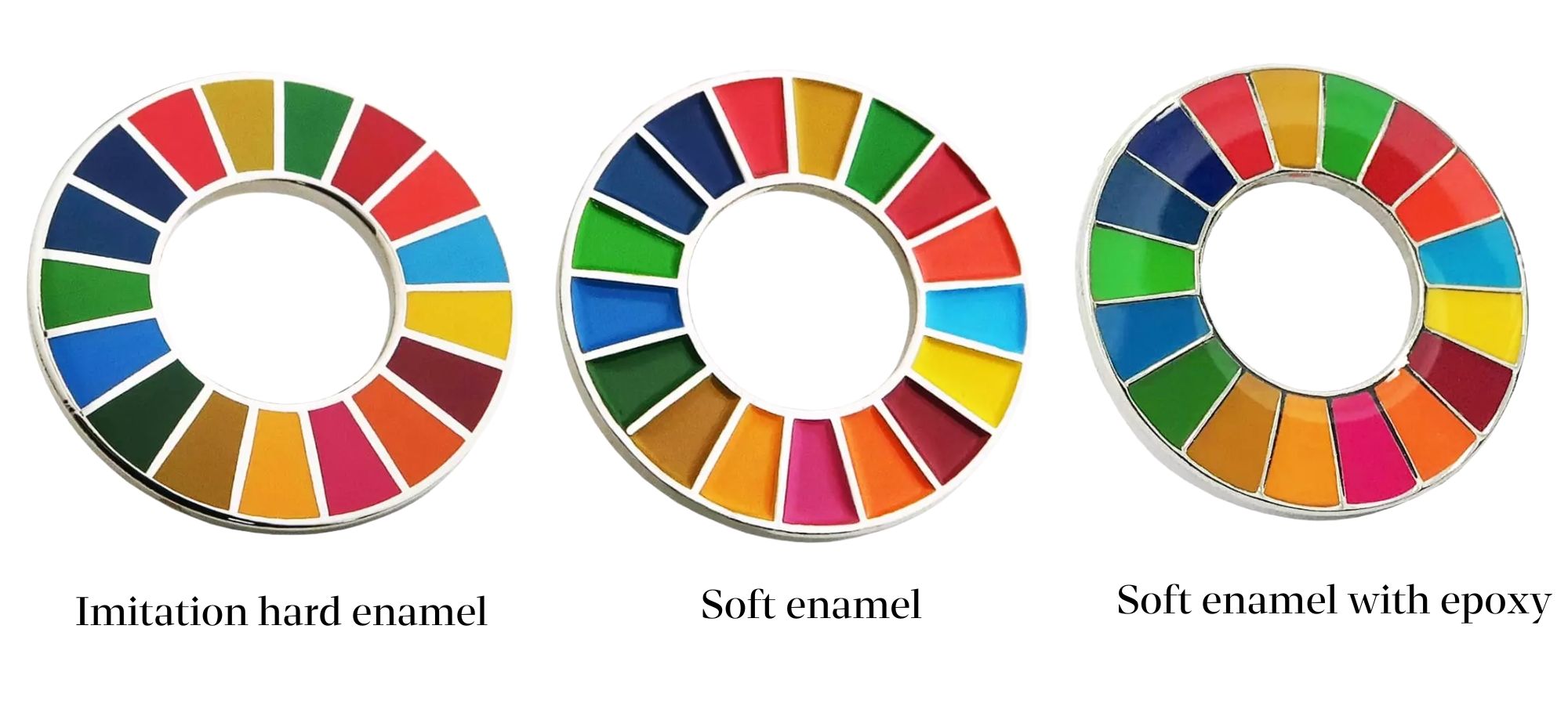 Custom SDGs pins with magnetic pin backs prevent damage to clothing.